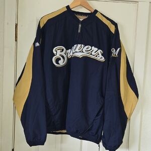 Milwaukee Brewers Majestic Baseball Jacket Embroidered Windbreaker Blue Size XL